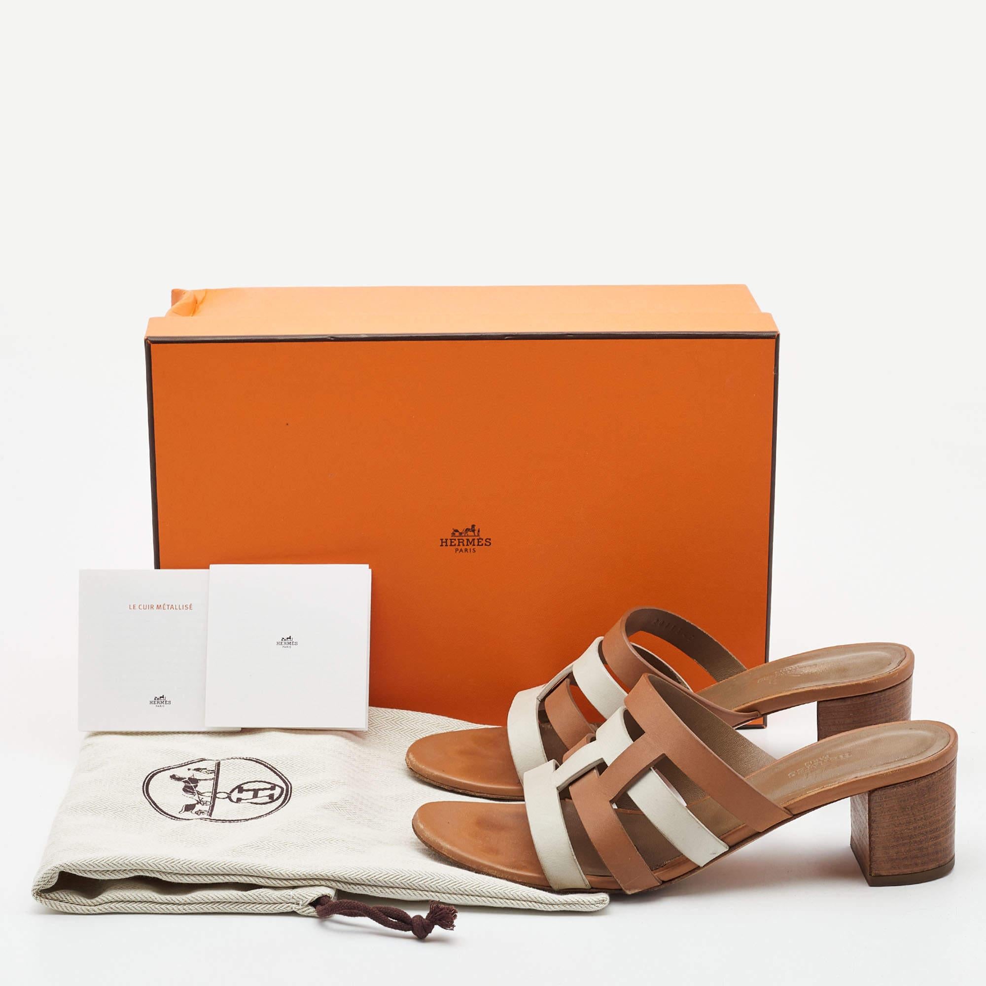 Hermes Brown/White Leather Amica Sandals Size 39.5 5