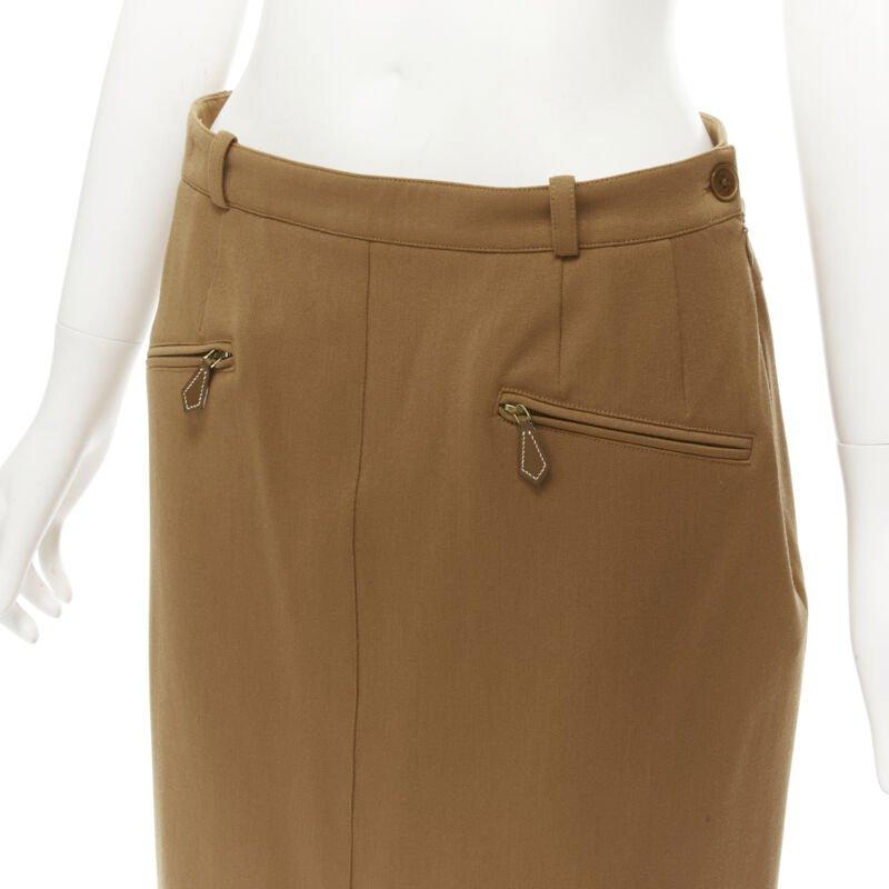 HERMES brown wool blend leather Sellier zipper pocket pencil skirt FR42 L
Reference: JYLM/A00023
Brand: Hermes
Material: Wool, Blend
Color: Brown
Pattern: Solid
Closure: Zip
Extra Details: Leather zipper pull.
Made in: France

CONDITION:
Condition: