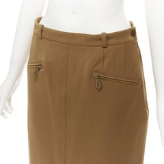 HERMES brown wool blend leather Sellier zipper pocket pencil skirt FR42 L