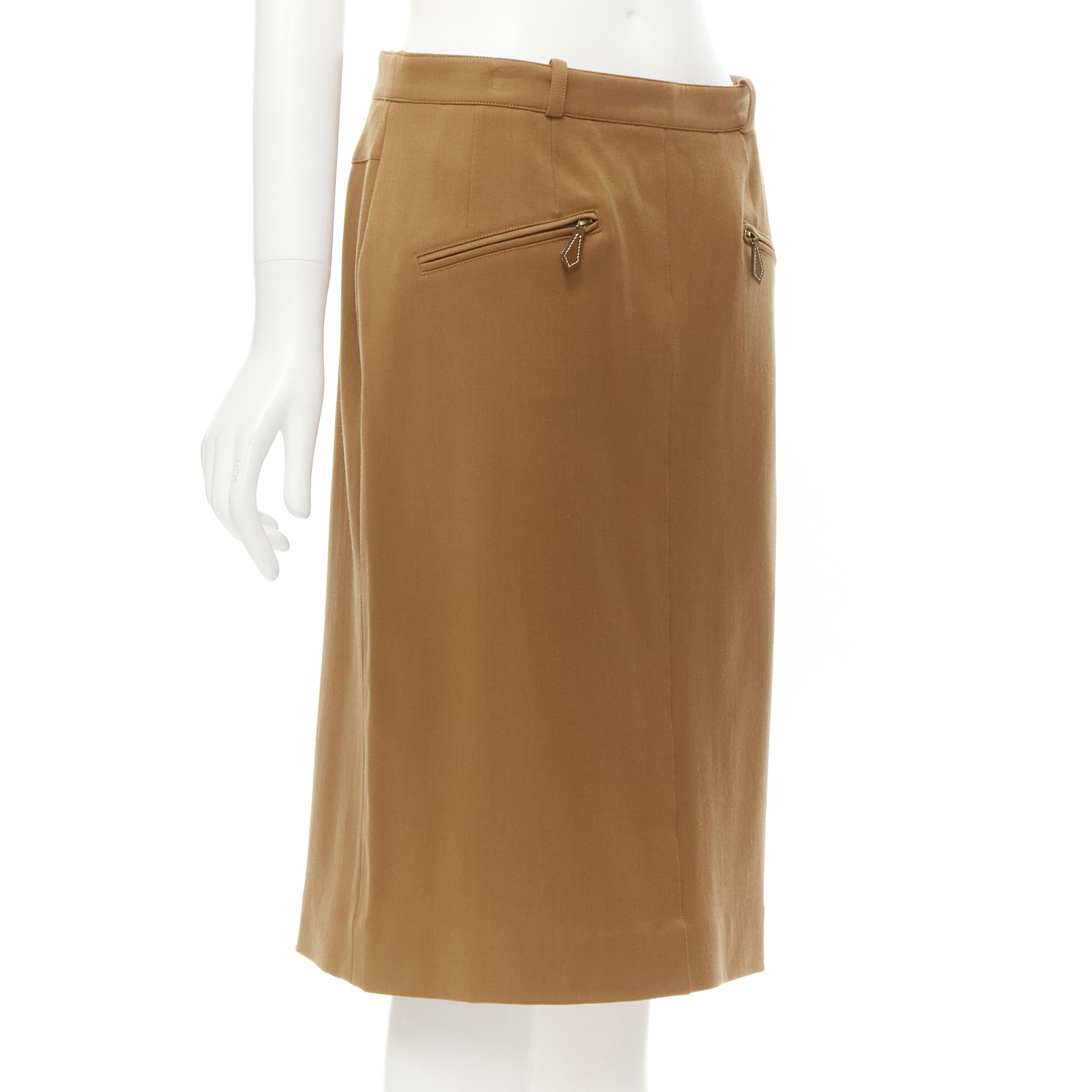 Brown HERMES brown wool blend leather Sellier zipper pocket pencil skirt FR42 L For Sale
