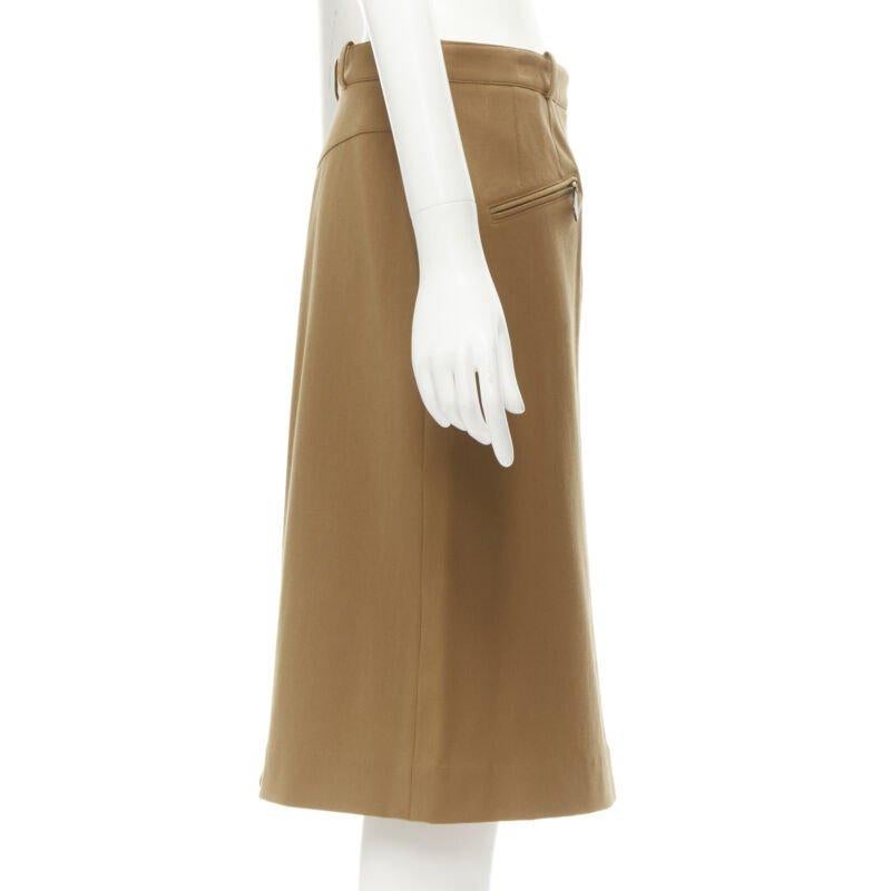 HERMES brown wool blend leather Sellier zipper pocket pencil skirt FR42 L In Good Condition For Sale In Hong Kong, NT