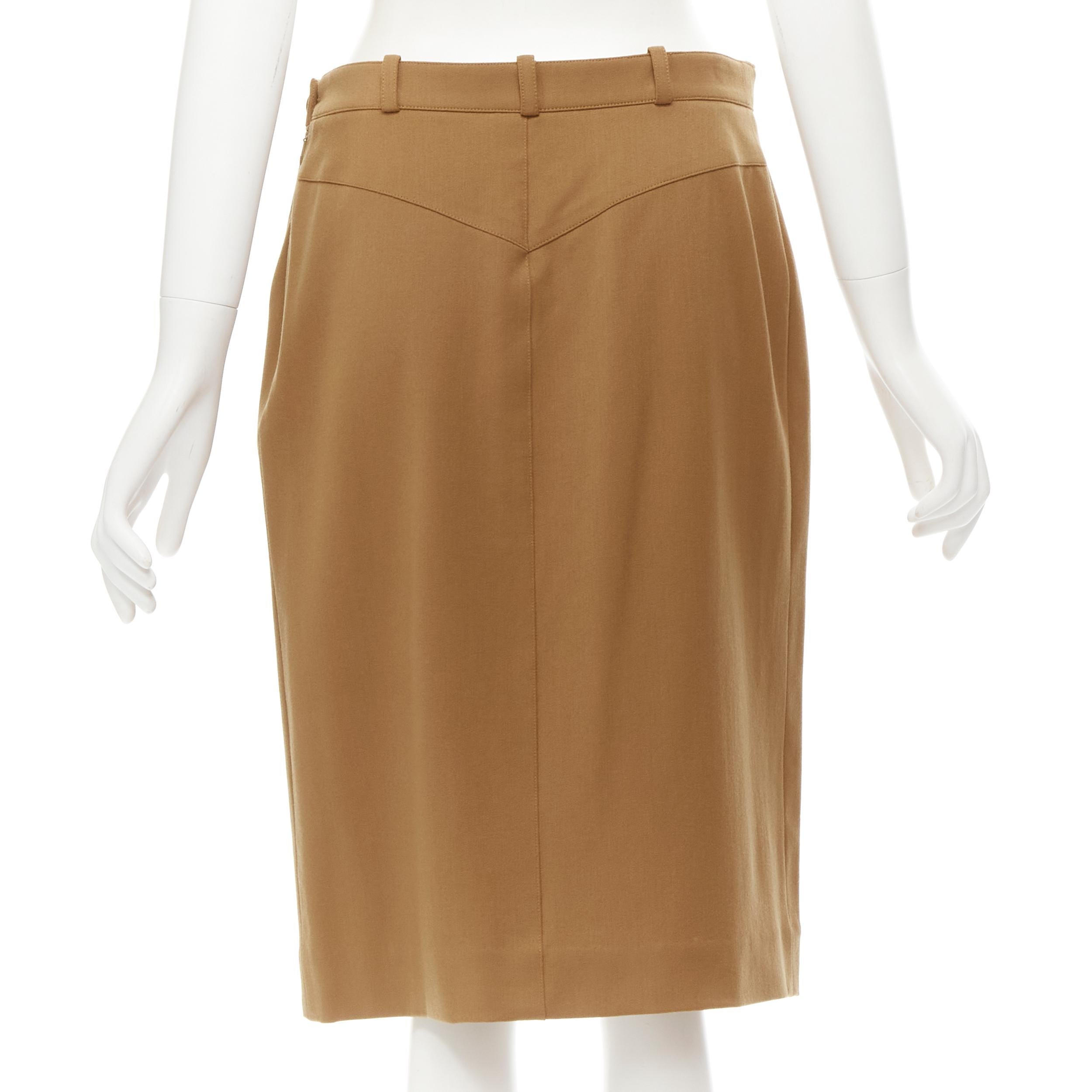 Women's HERMES brown wool blend leather Sellier zipper pocket pencil skirt FR42 L For Sale
