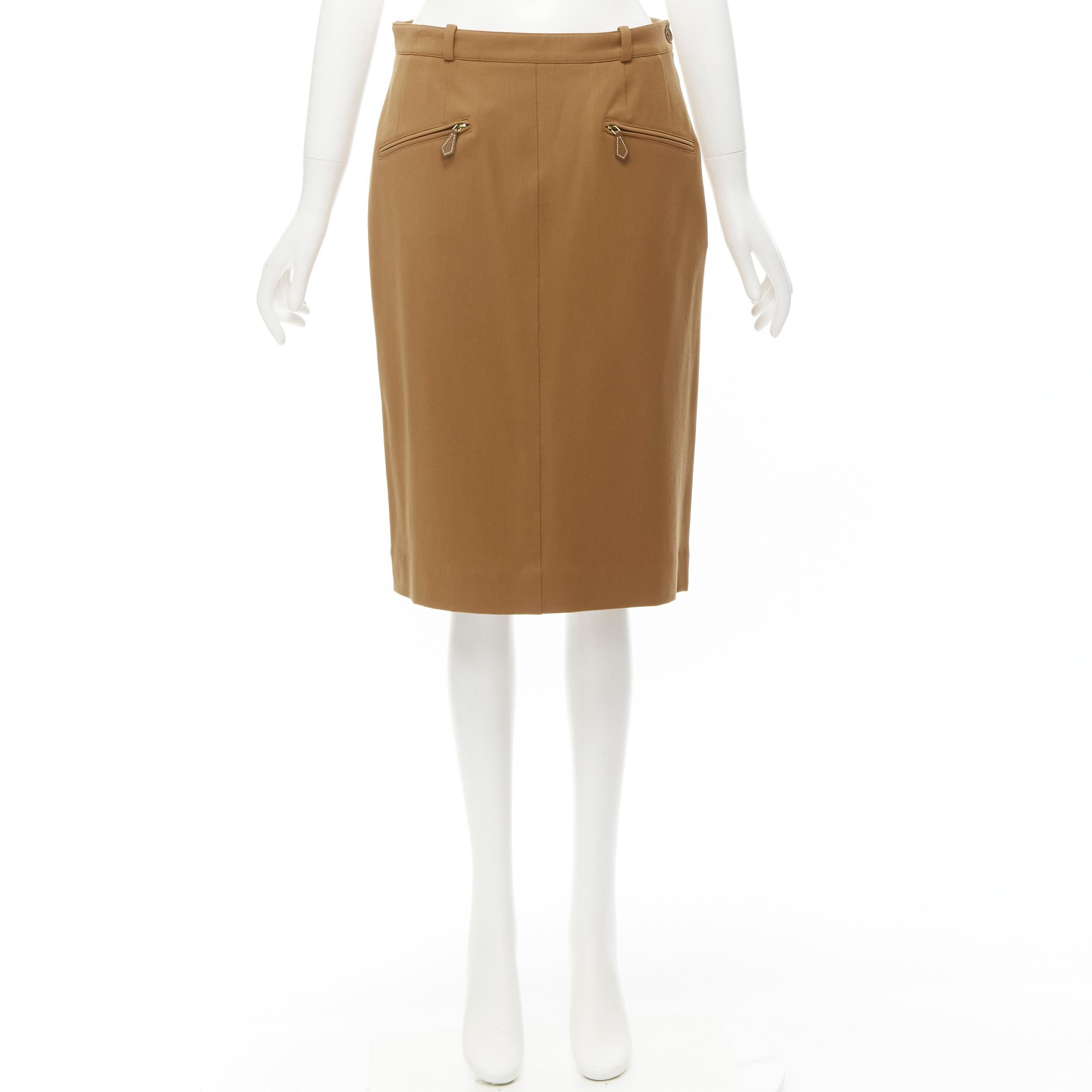 HERMES brown wool blend leather Sellier zipper pocket pencil skirt FR42 L For Sale 4