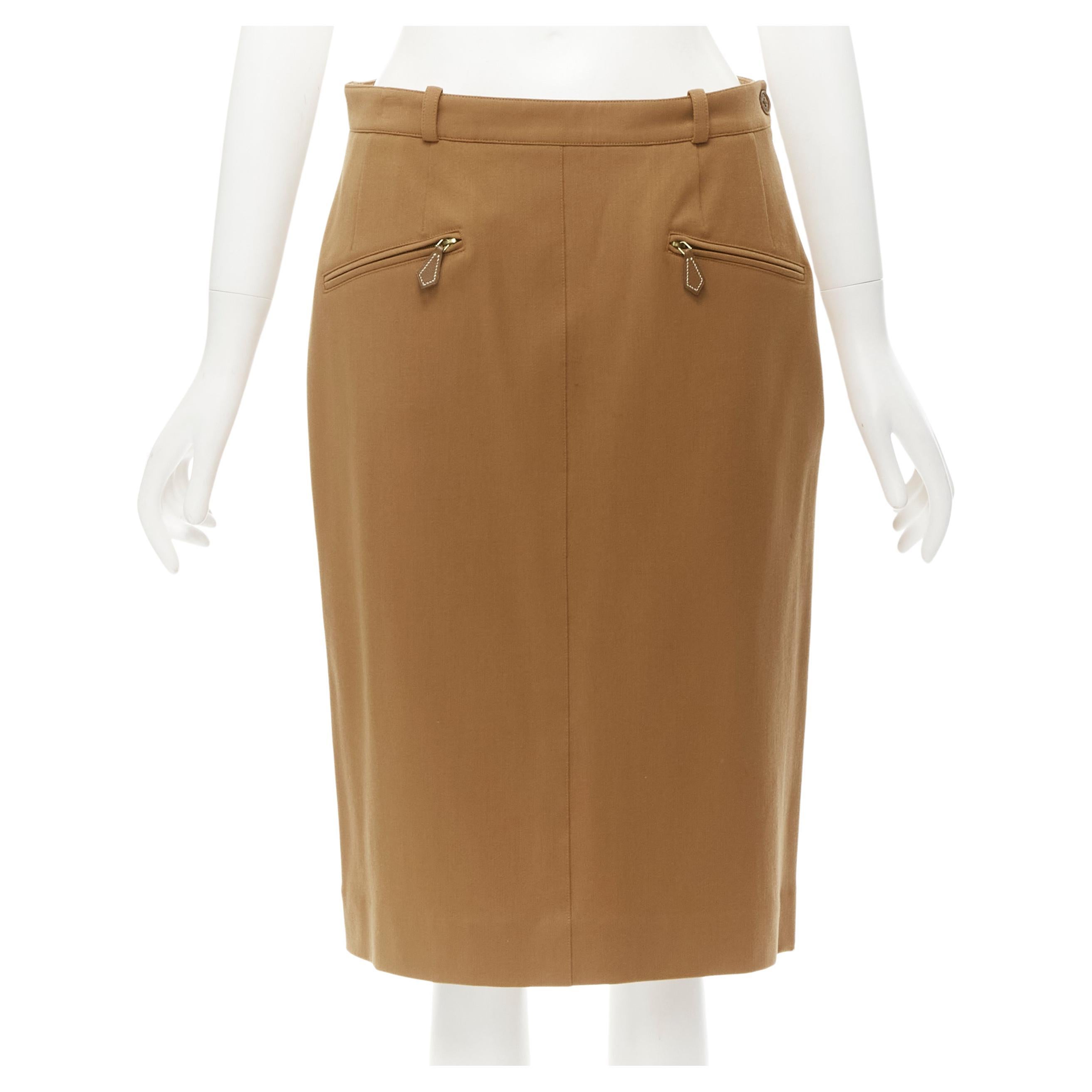 HERMES brown wool blend leather Sellier zipper pocket pencil skirt FR42 L For Sale