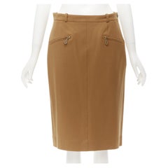 HERMES jupe crayon à poches zippées Sellier en cuir mélangé laine marron FR42 L