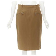 HERMES brown wool blend leather Sellier zipper pocket pencil skirt FR42 L