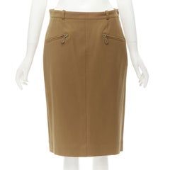 HERMES brown wool blend leather Sellier zipper pocket pencil skirt FR42 L