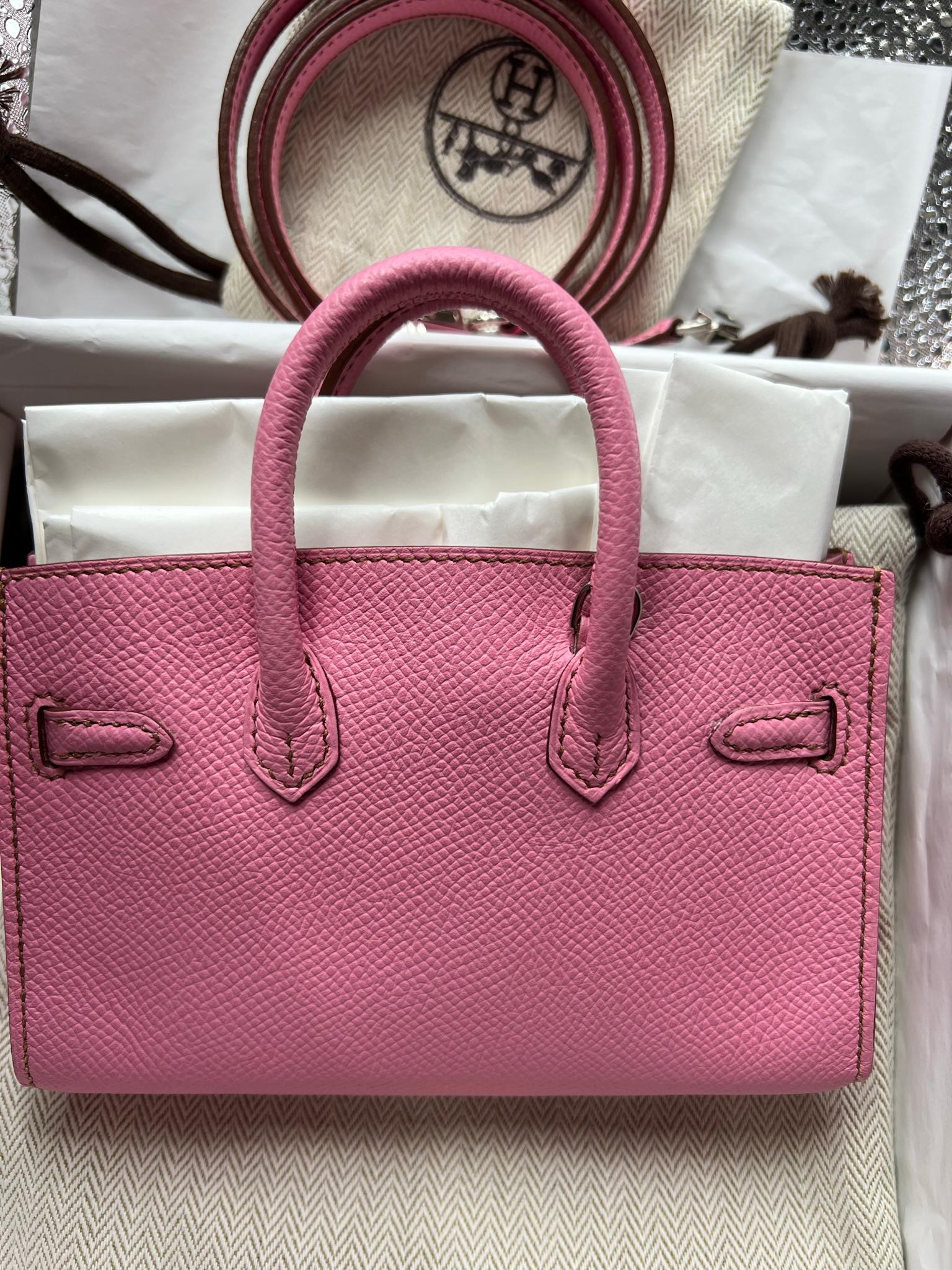 Hermes Bubblegum 5P mini Birkin Micro  epsom leather with palladium hardware. Very rare and collectible item. Only produced during one year and the colour bubblegum is super rare and the most desirable Hermes colour produced. Investment piece. In as