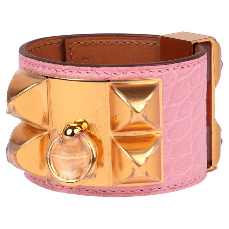 Bracelet Collier De Chien T1 en alligator rose mat Hermès en vente