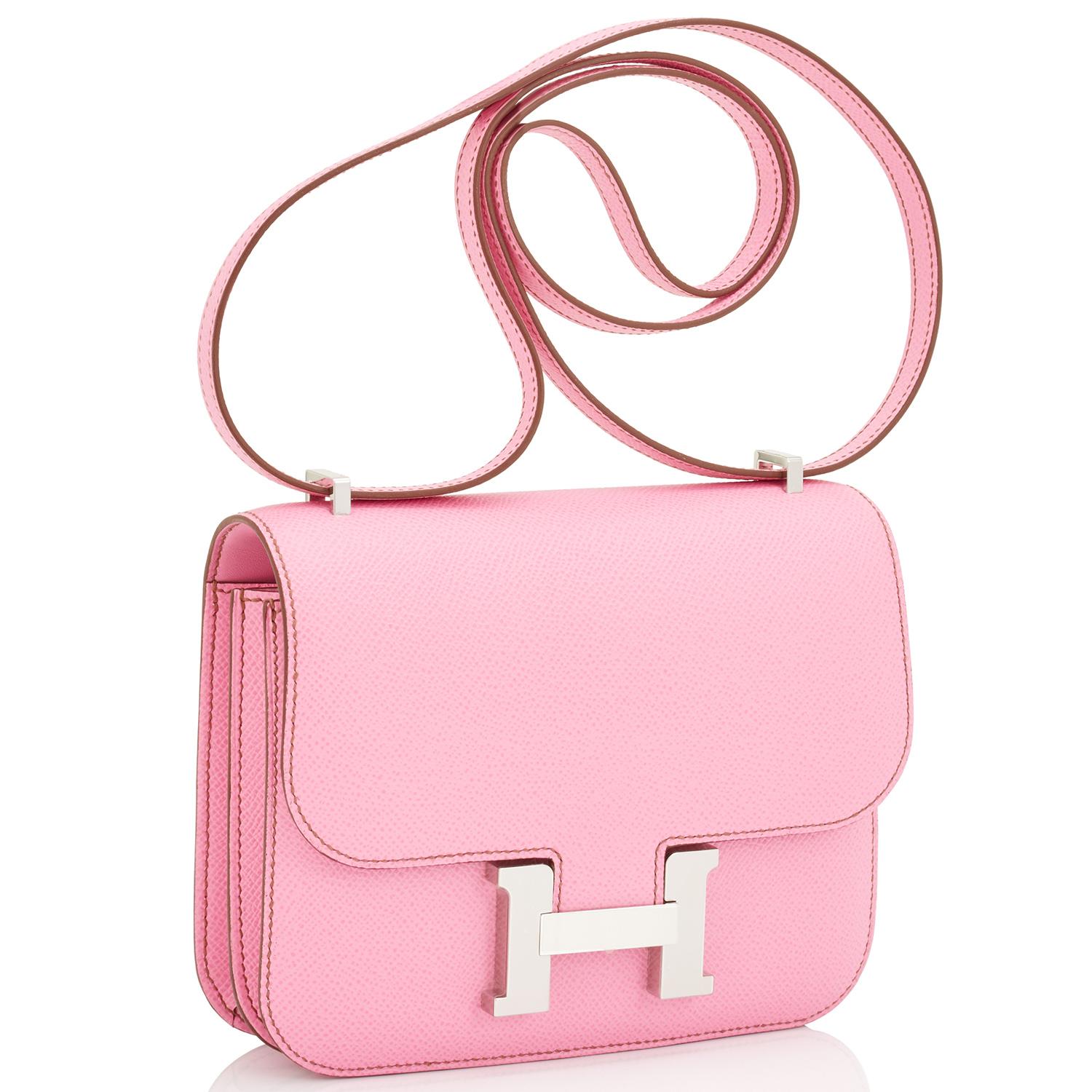 Hermes Bubblegum Pink Mini Constance 18cm Epsom Bag RARE Z Stamp, 2021
Just purchased from Hermes store; bag bears new 2021 interior Z stamp.
Perfect Gift! Brand New in Box. Store Fresh in Pristine Condition (with plastic on hardware).
This is a