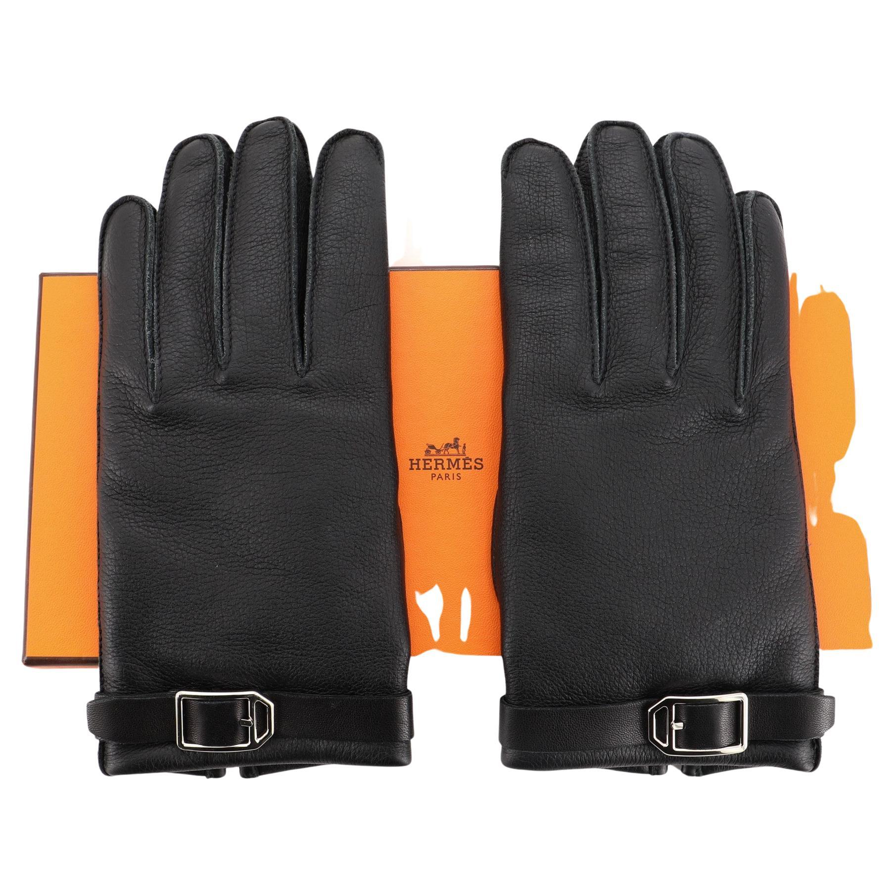 Hermes Buckle Gloves Leather Black