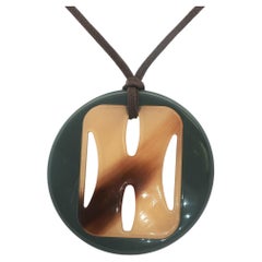 Hermes Buffalo Horn Lacquer Brown Pendant 24 Inch Brown Cord