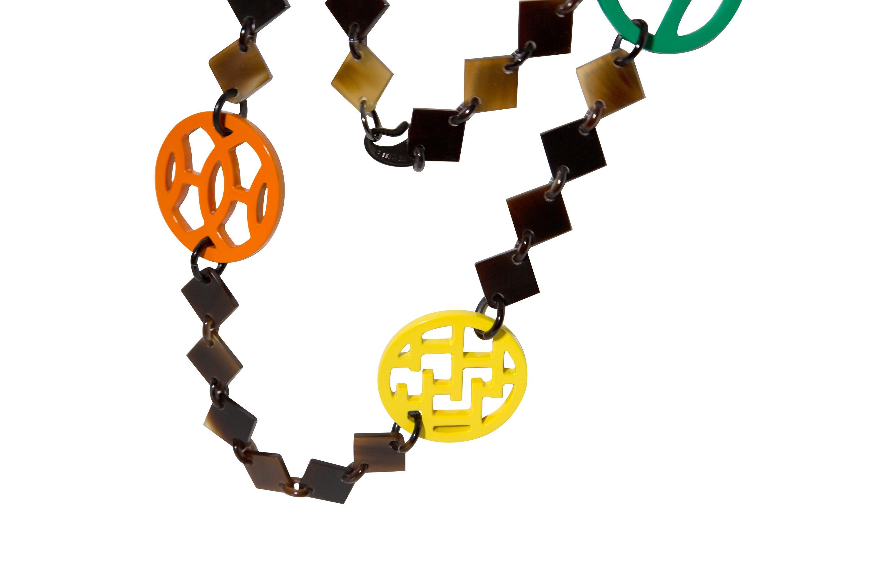 Women's or Men's Hermès Buffalo Horn Orange/Multicolour Lacquer Lena Necklace For Sale