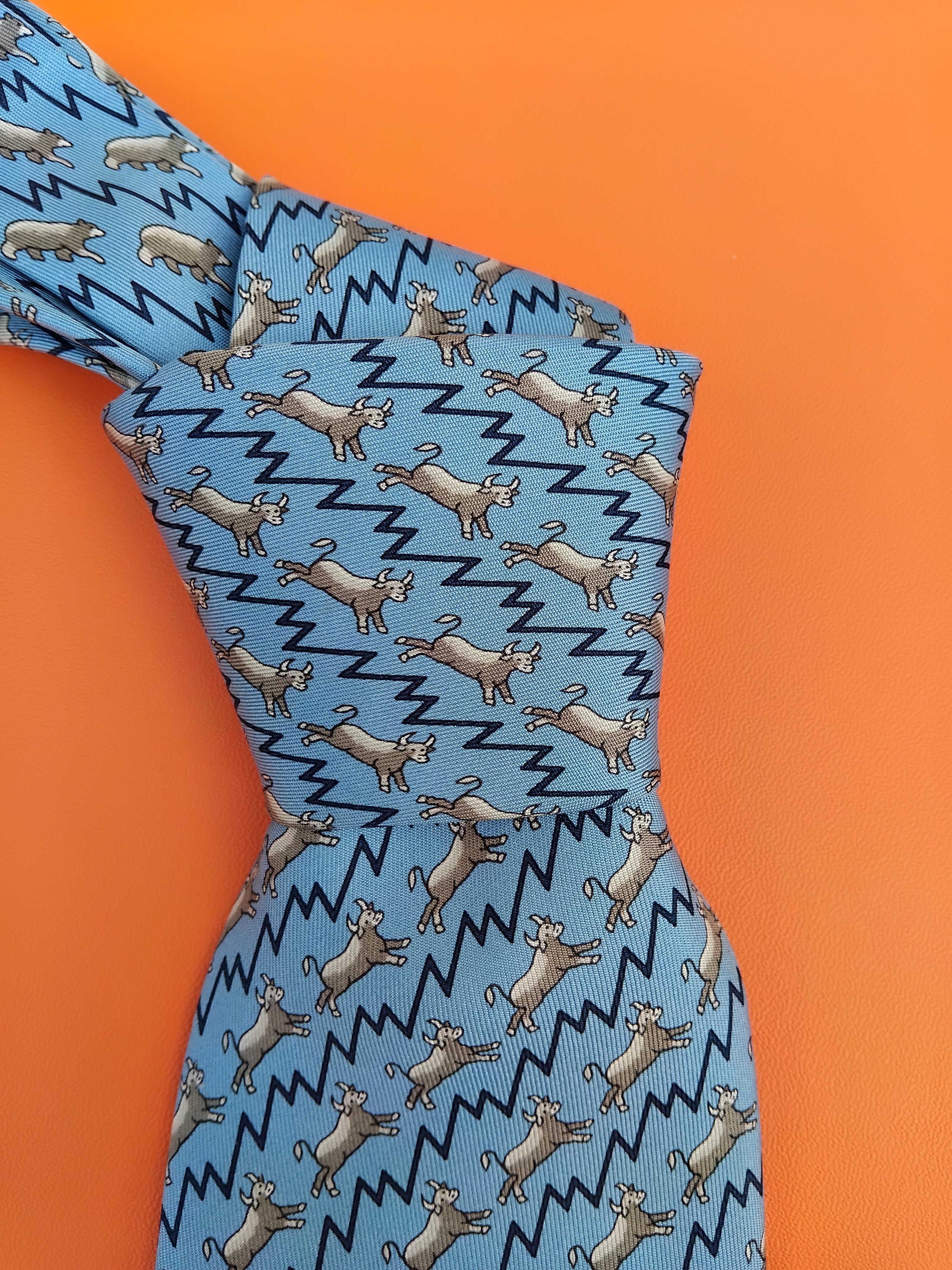 Blue Hermès Bulls And Bears Wall Street Stock Market Tie in Silk RARE