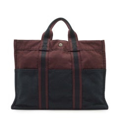 Hermes Burgundy Black Cotton Canvas Fourre Tout MM Tote Bag