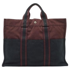 Hermes Burgundy Black Cotton Canvas Fourre Tout MM Tote Bag