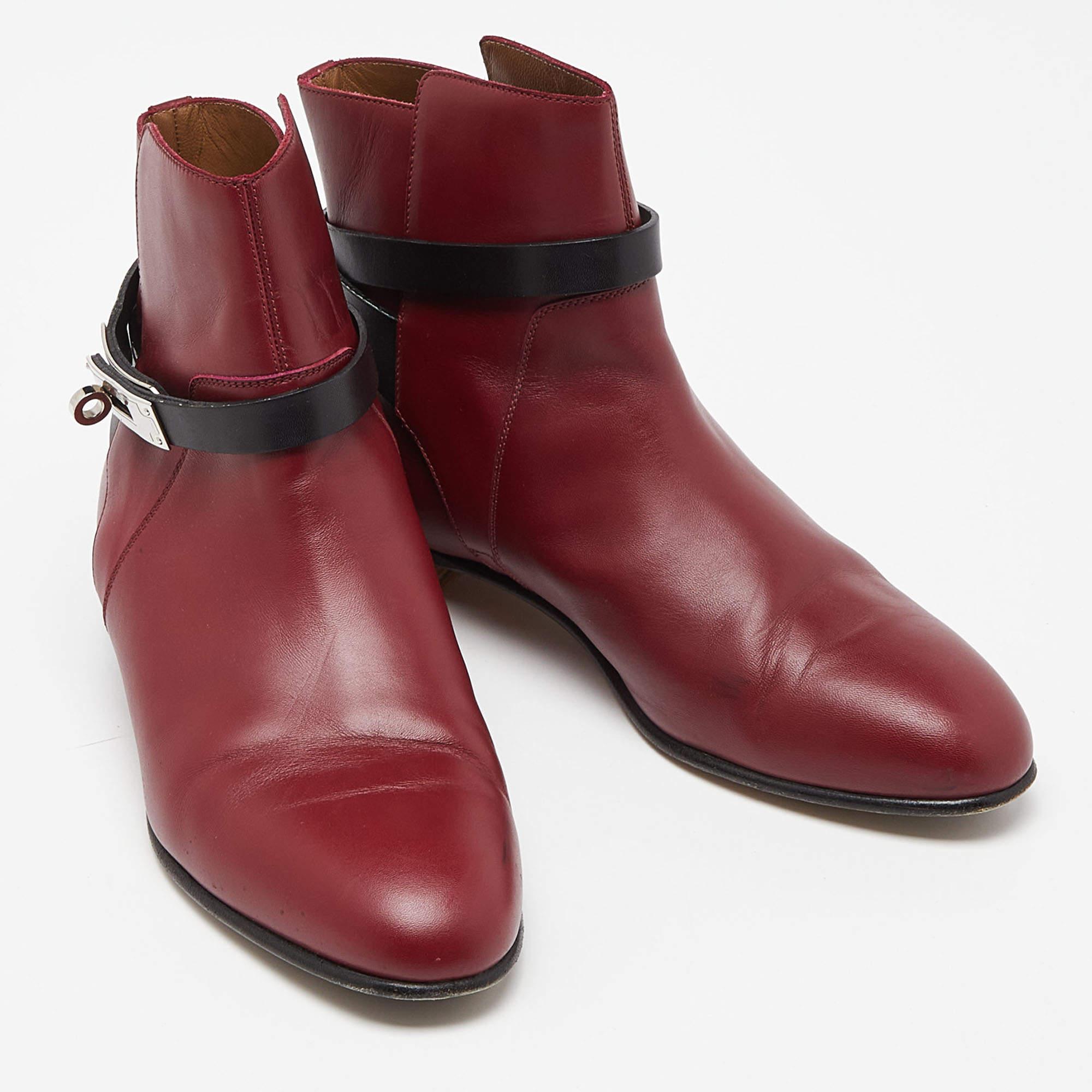 Hermes Burgundy/Black Leather Neo Ankle Boots Size 39 In Good Condition In Dubai, Al Qouz 2