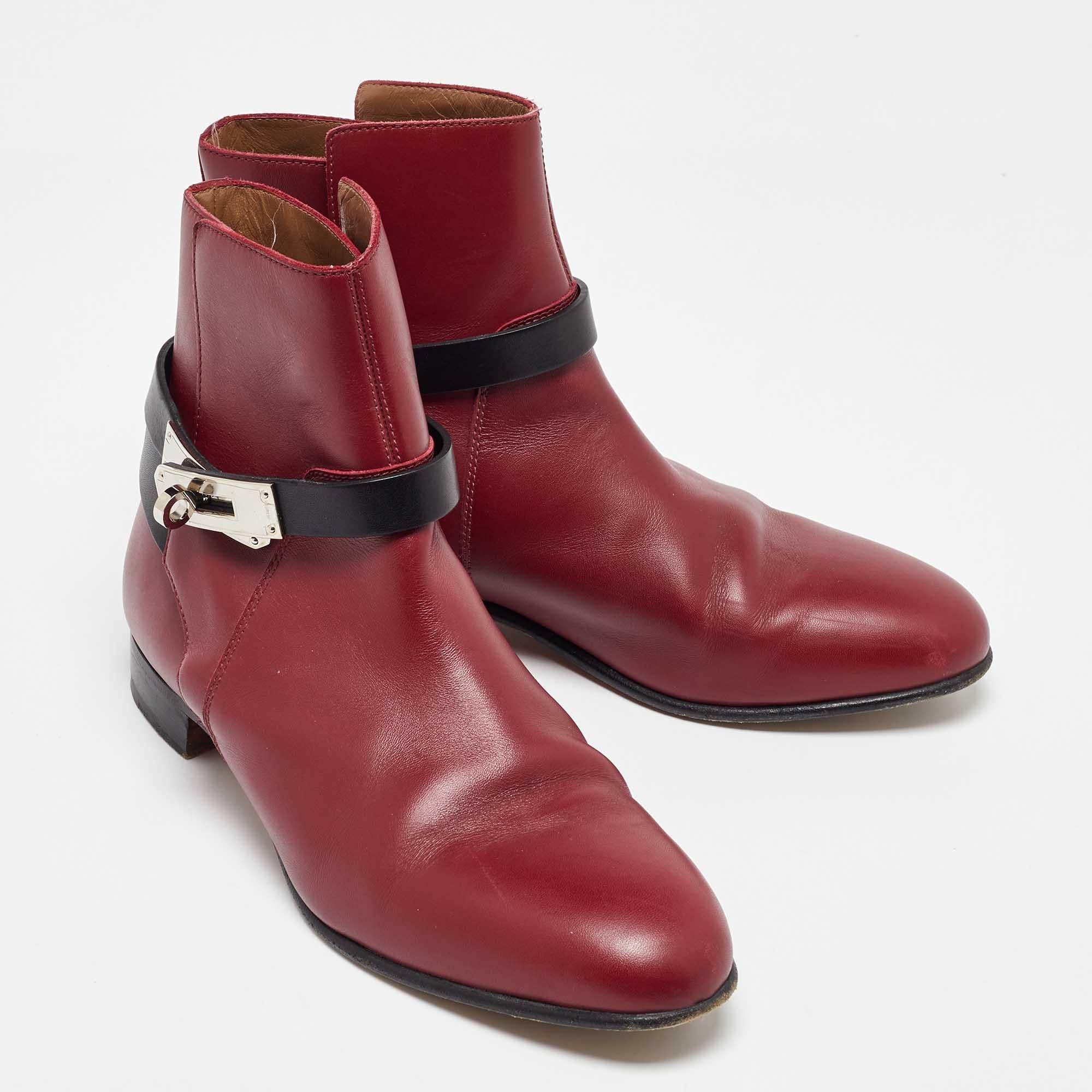 Hermes Burgundy/Black Leather Neo Ankle Length Boots Size 37 In Good Condition In Dubai, Al Qouz 2