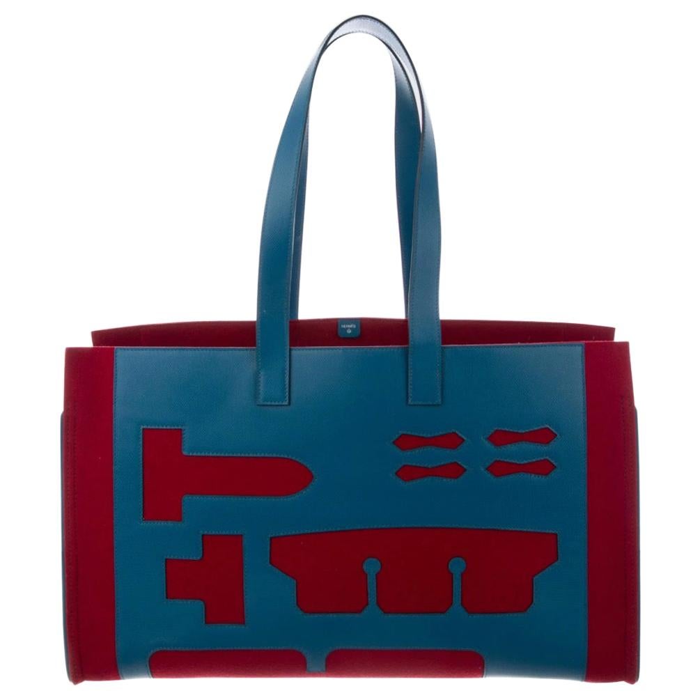 Hermes Burgundy Blue Felt Leather CarryAll Men's Women's Top Handle Tote Bag 