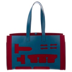 Hermes Burgundy Blue Felt Leather CarryAll Men's Women's Top Handle Tote Bag 