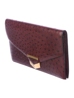 Hermes Burgundy Exotic Skin Ostrich Leather Gold Envelope Evening Clutch Flap