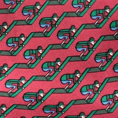 HERMES Burgundy & Green Jockey Print Silk Tie 7042 TA