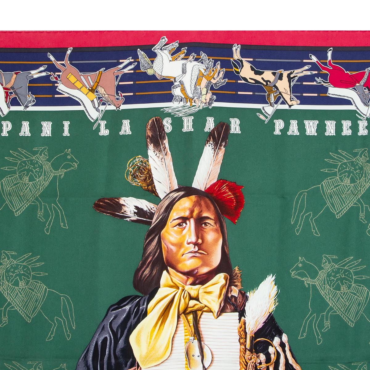 Hermes 'Pani La Shar Pawnee 90' scarf in burgundy and green wash twill (100%) with details in dark purple and multicolor. Brand new with tag.

Width 90cm (35.1in)
Height 90cm (35.1in)