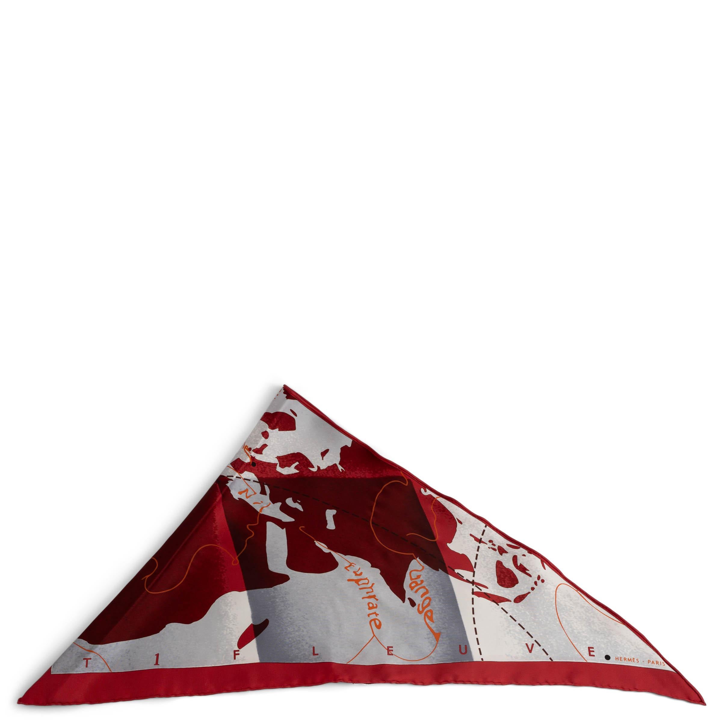 Gray HERMES burgundy grey silk LE MONDE EST UNE FLEUVE POINTU Scarf For Sale