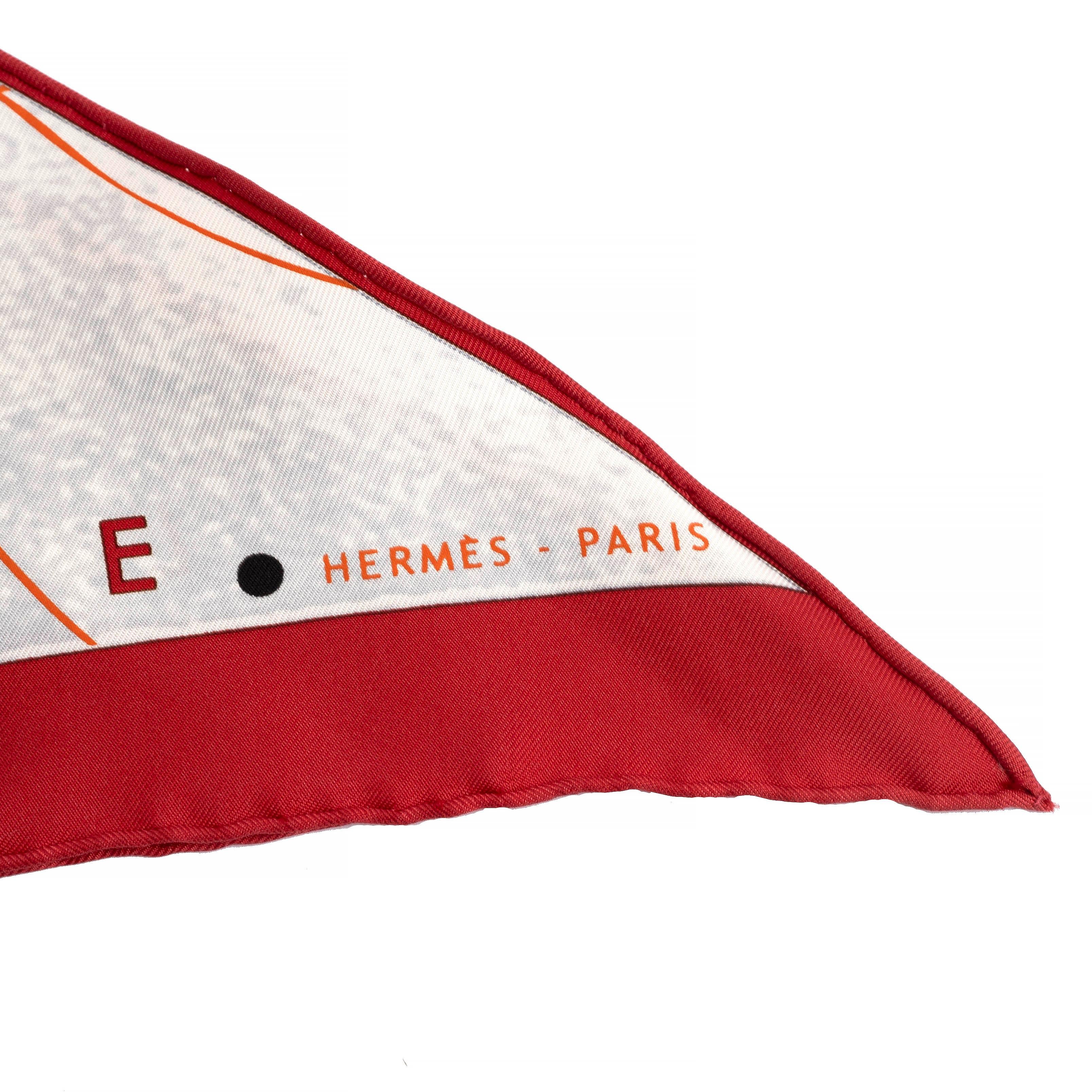 HERMES burgundy grey silk LE MONDE EST UNE FLEUVE POINTU Scarf In Excellent Condition For Sale In Zürich, CH