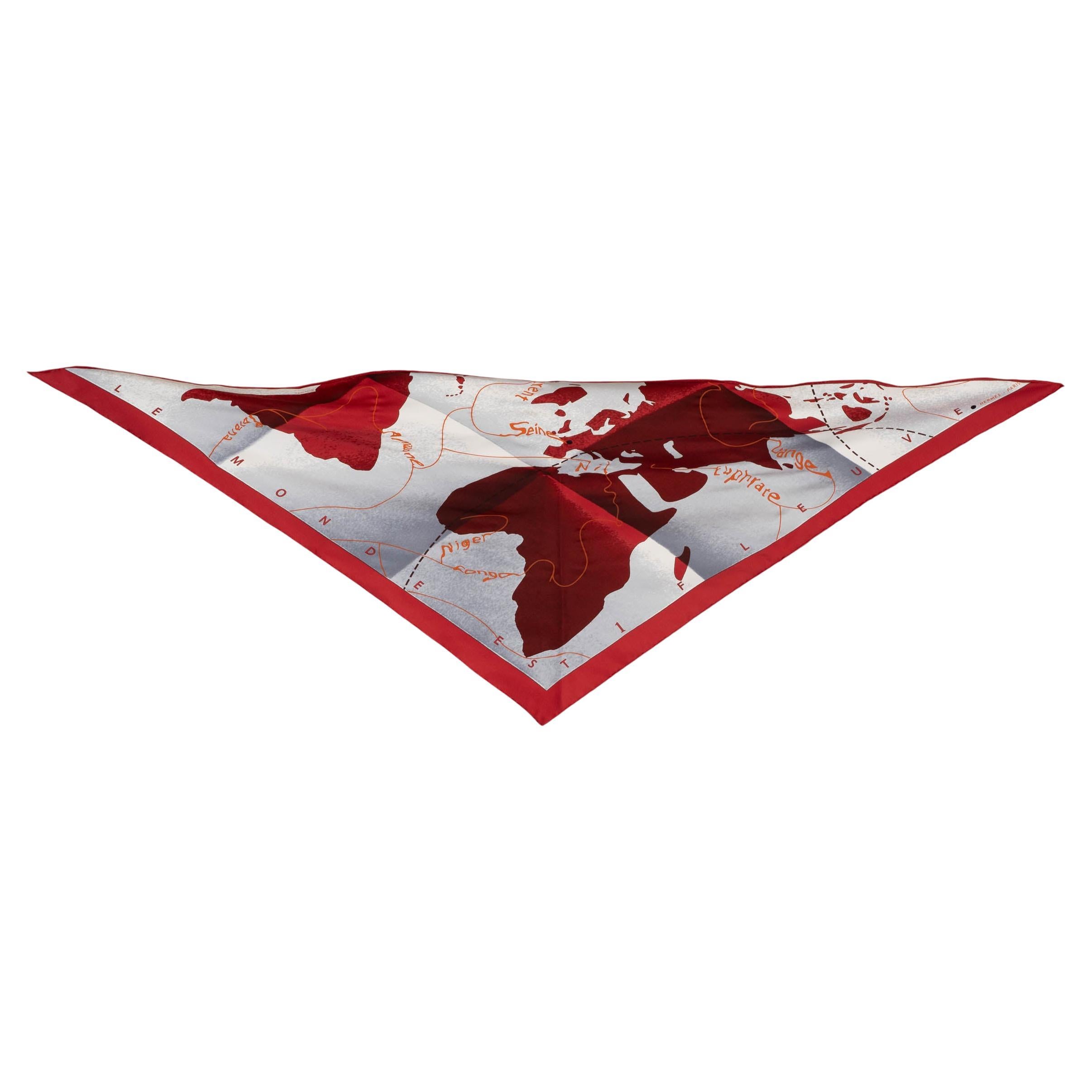 HERMES burgundy grey silk LE MONDE EST UNE FLEUVE POINTU Scarf For Sale