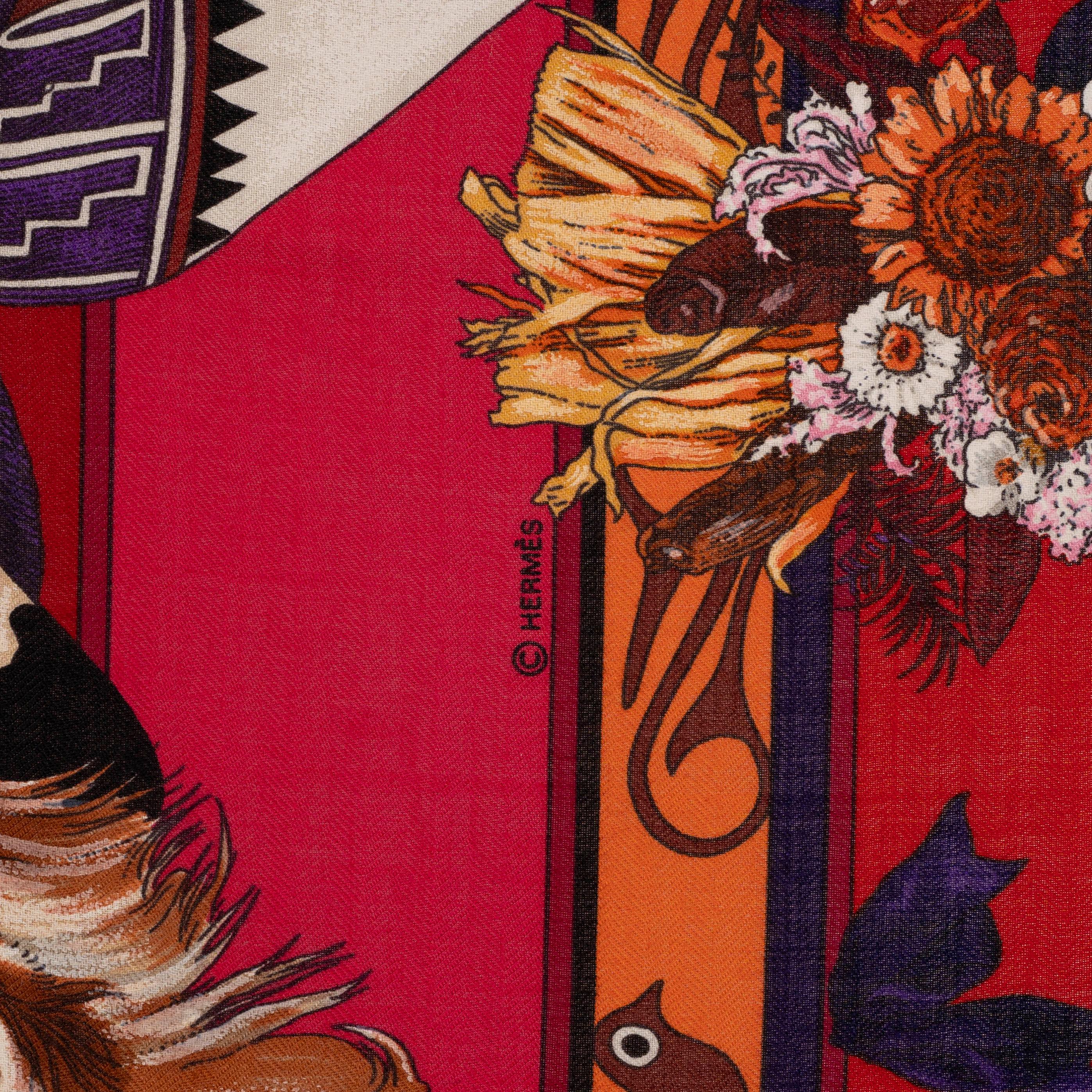 Red HERMES burgundy KACHINAS 140 Cashmere Shawl Scarf