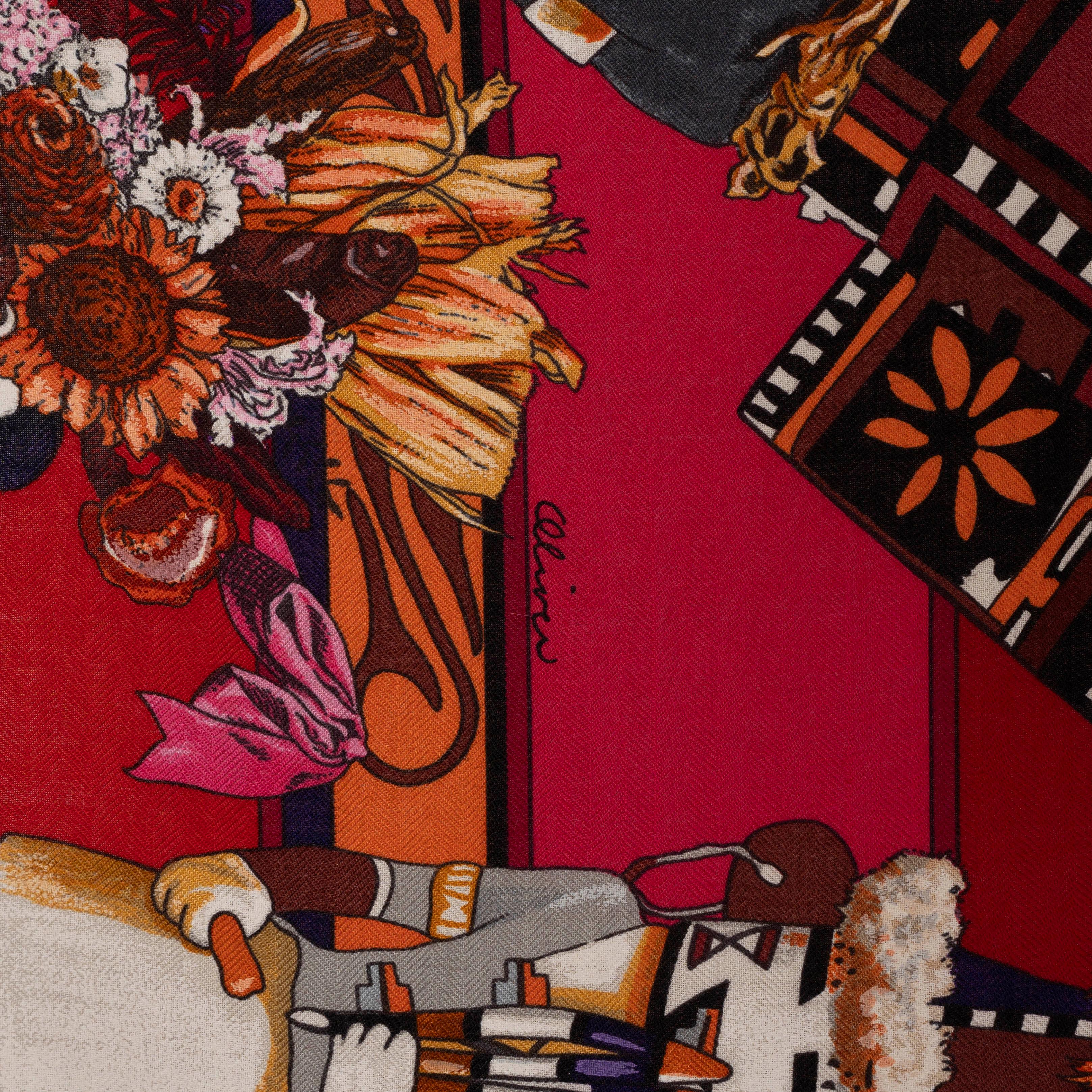 Women's or Men's HERMES burgundy KACHINAS 140 Cashmere Shawl Scarf
