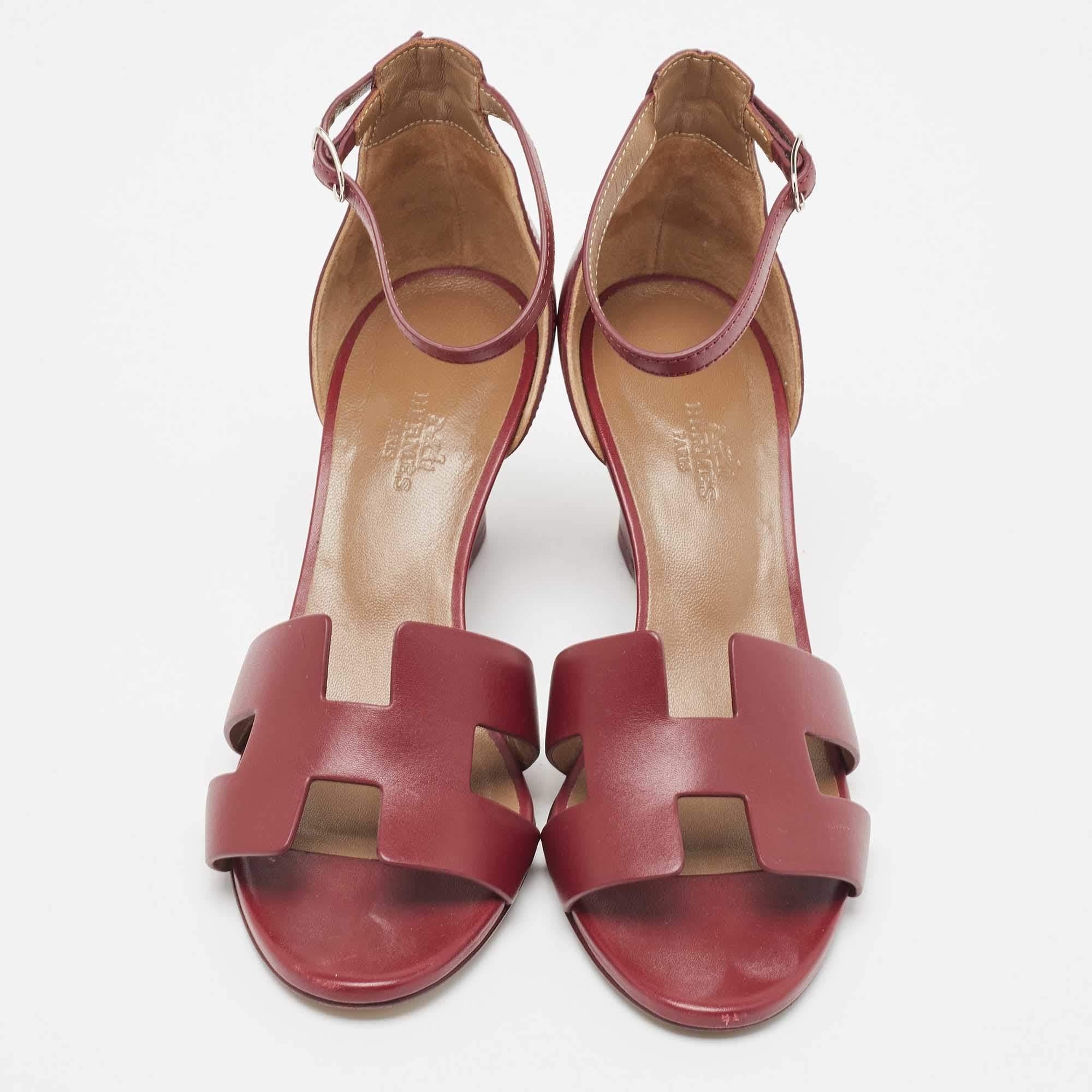 Women's Hermes Burgundy Leather Legend Sandals Size 37.5