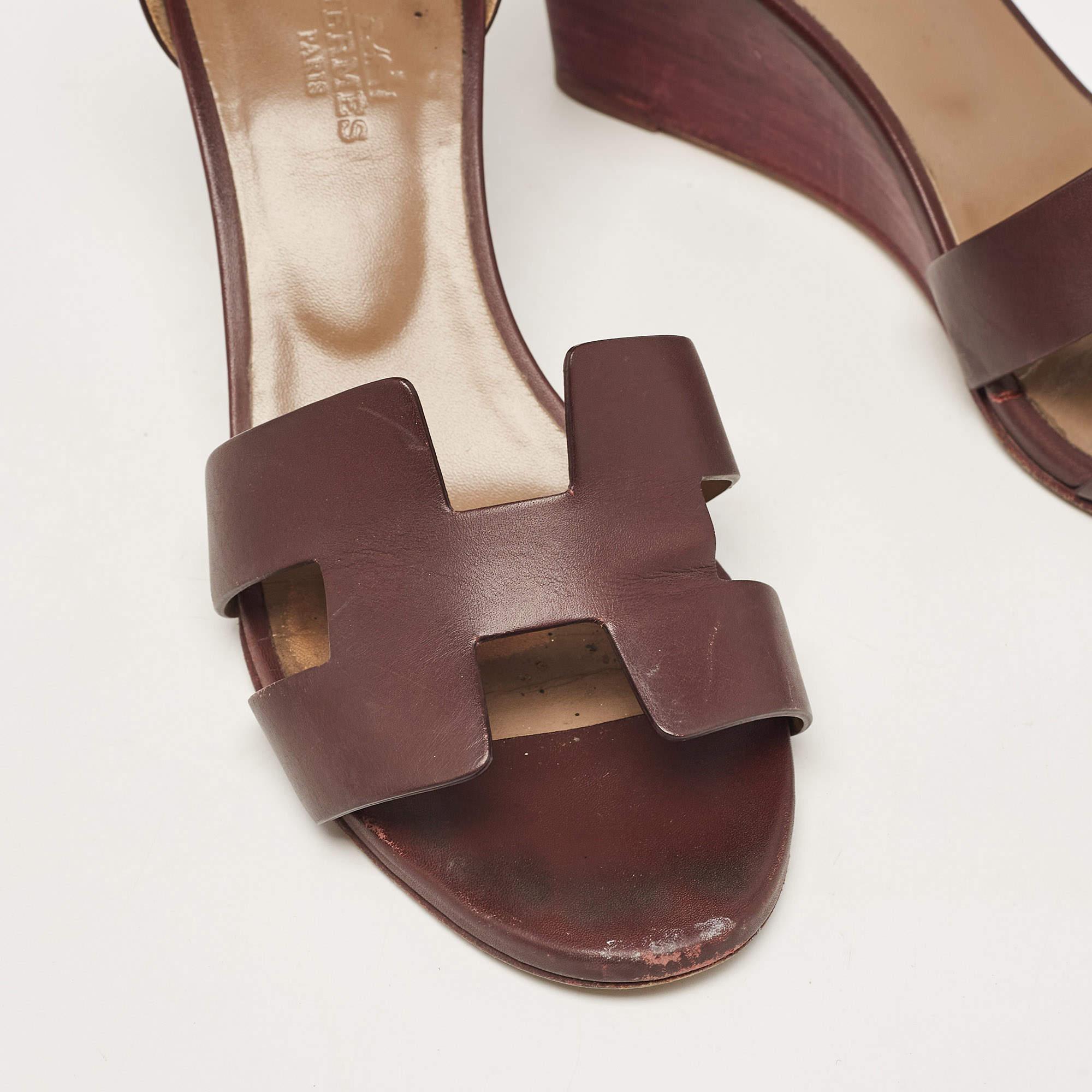 Women's Hermes Burgundy Leather Legend Wedge Sandals Size 37.5