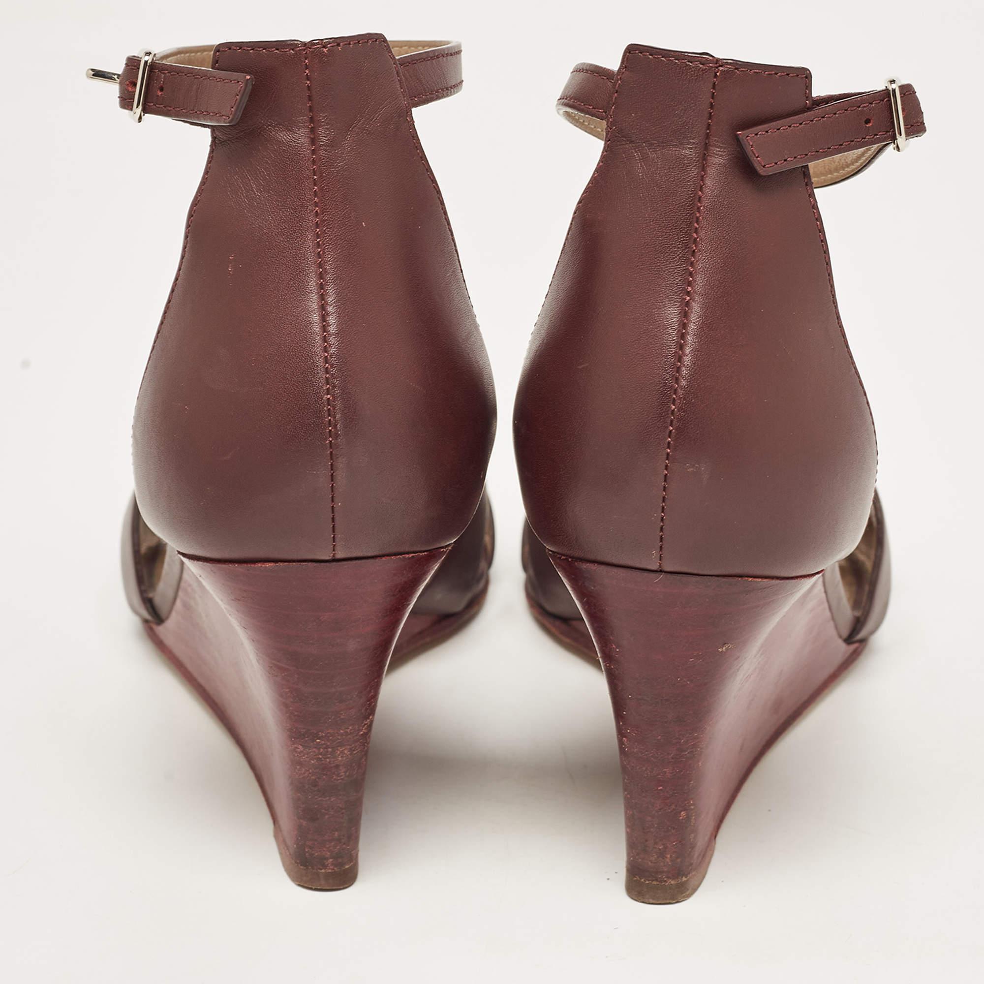 Hermes Burgundy Leather Legend Wedge Sandals Size 37.5 1