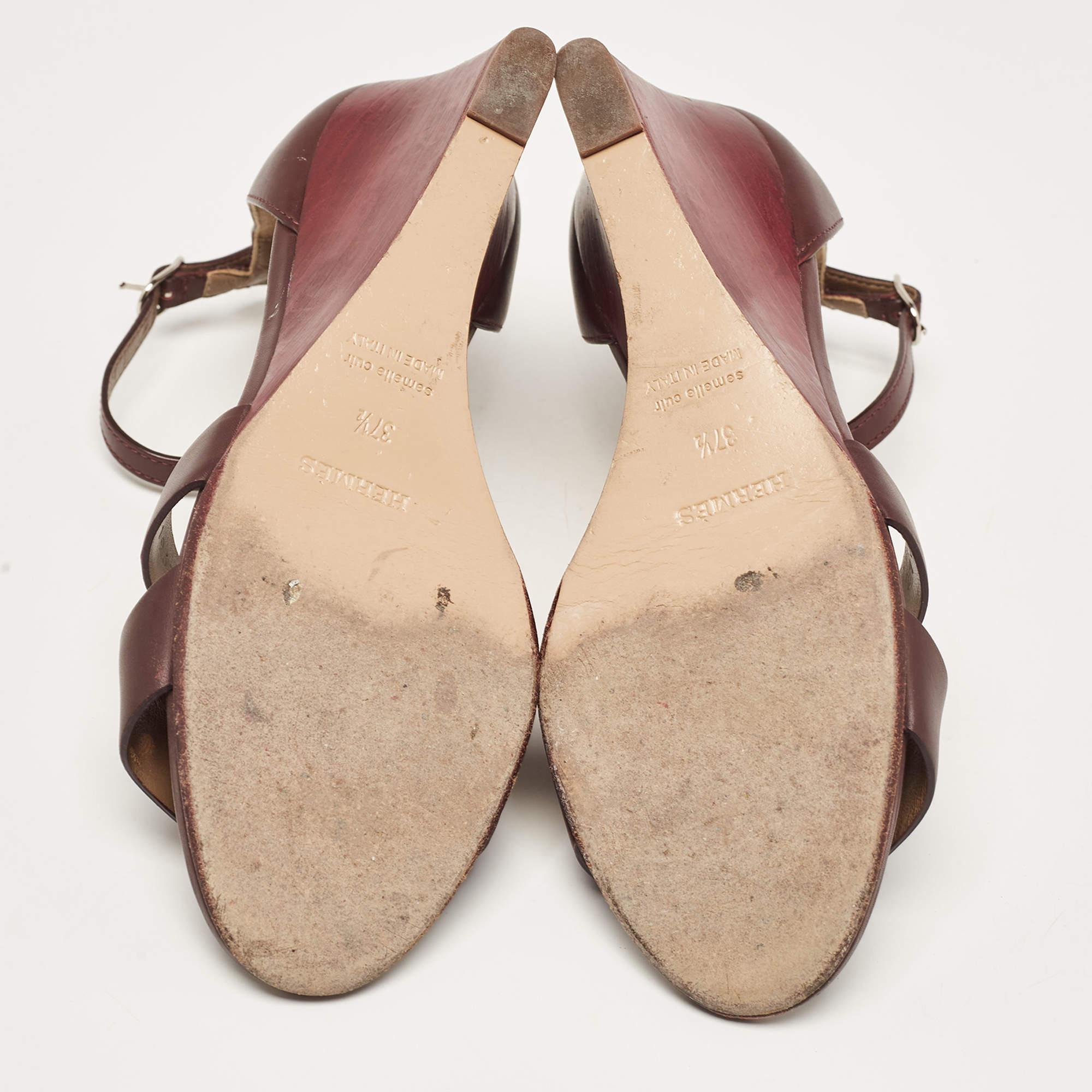 Hermes Burgundy Leather Legend Wedge Sandals Size 37.5 For Sale 2