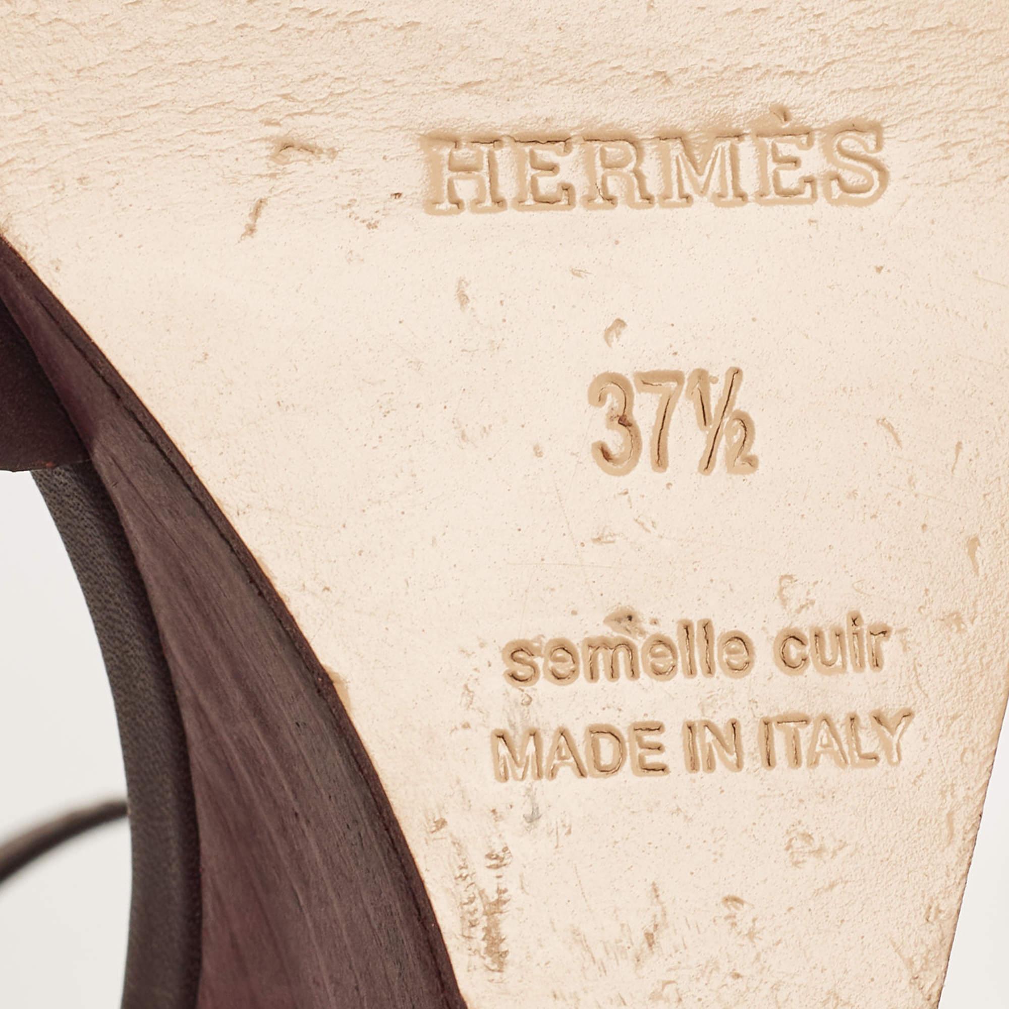 Hermes Burgundy Leather Legend Wedge Sandals Size 37.5 For Sale 3