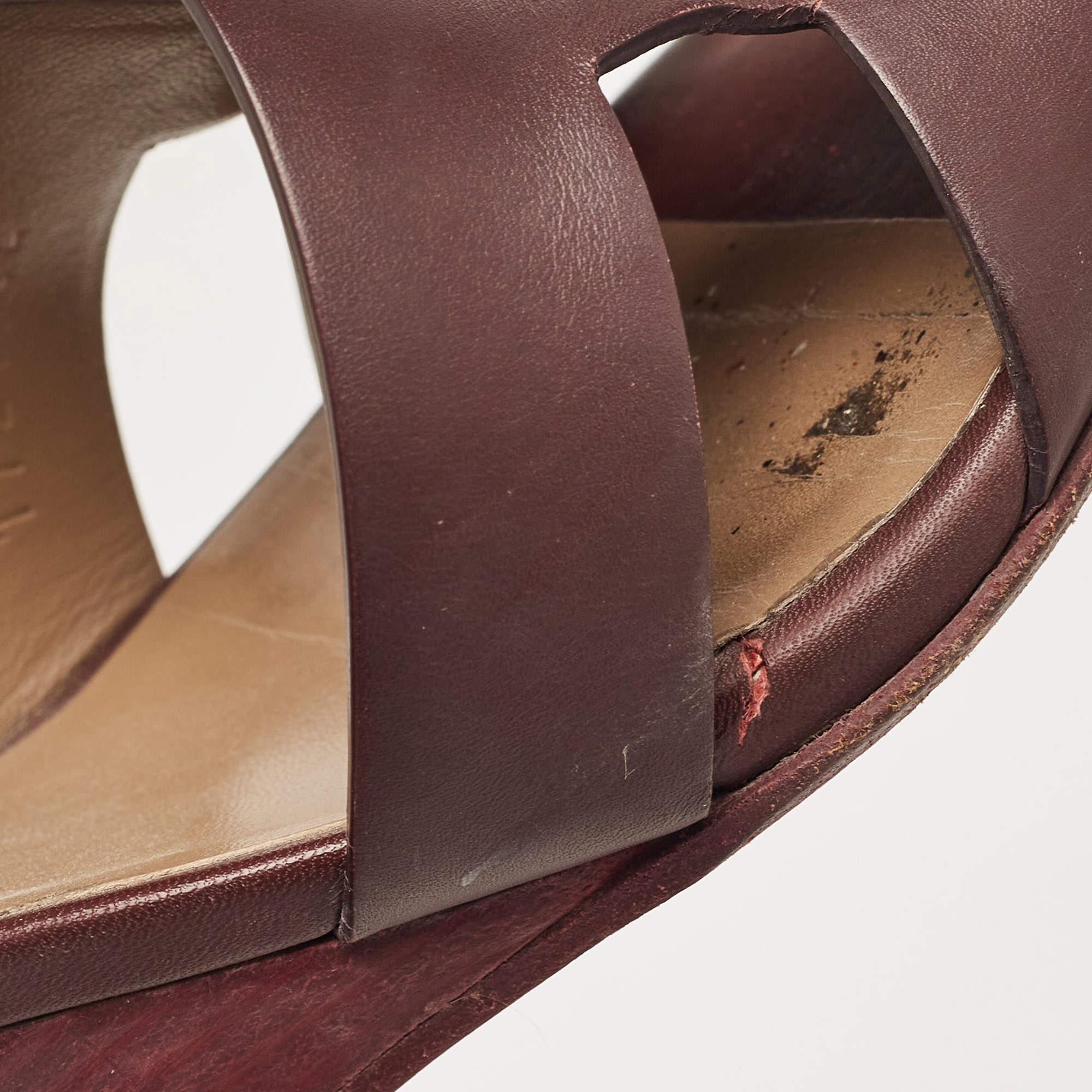 Hermes Burgundy Leather Legend Wedge Sandals Size 37.5 For Sale 4