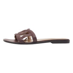 Hermes Burgundy Leather Omaha Flat Slides Size 39