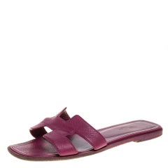 Hermes Burgundy Leather Oran Flat Slides Size 38
