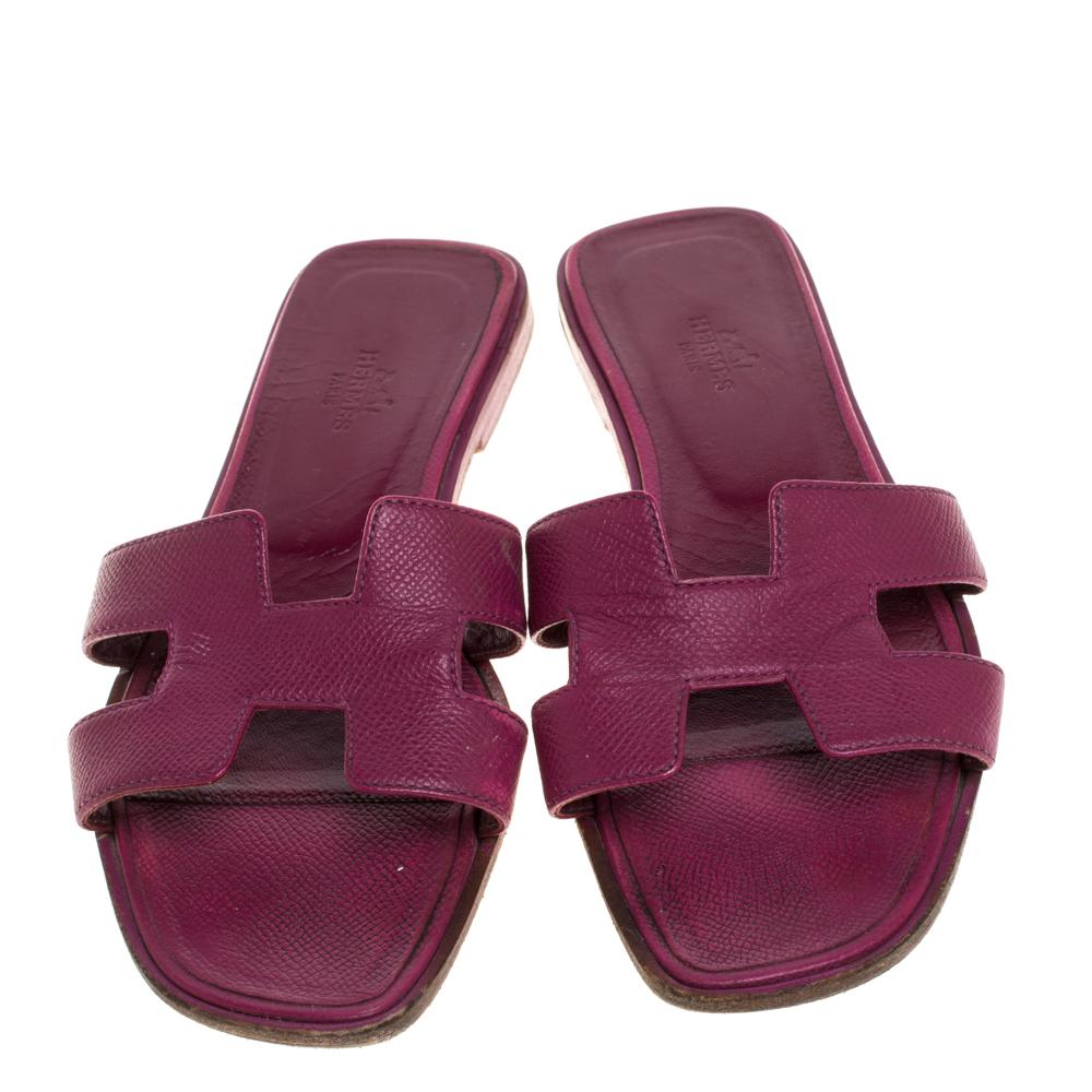 Brown Hermes Burgundy Leather Oran Flat Slides Size 38