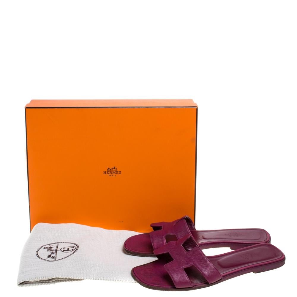 Hermes Burgundy Leather Oran Flat Slides Size 38 1