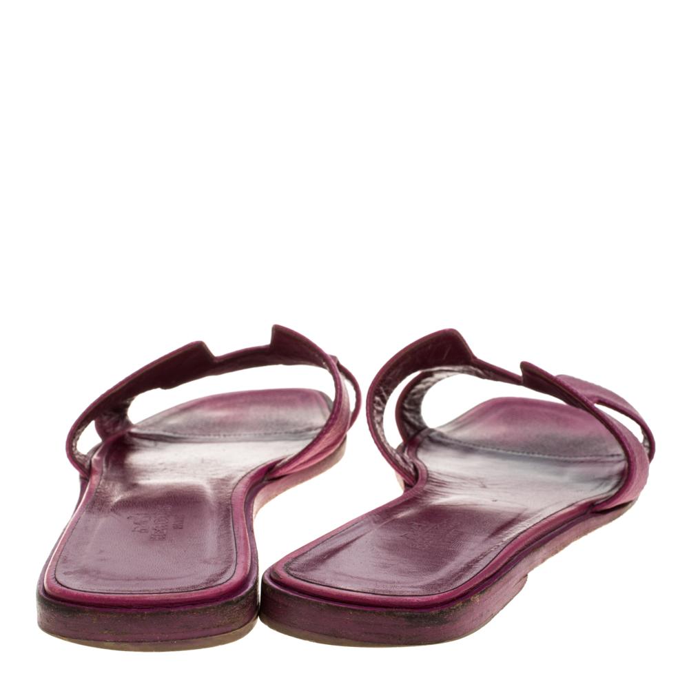 Hermes Burgundy Leather Oran Flat Slides Size 38 2