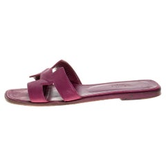 Hermes Burgundy Leather Oran Flat Slides Size 38