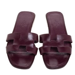 Hermes Burgundy Leather Oran Slide Flats Size 37.5