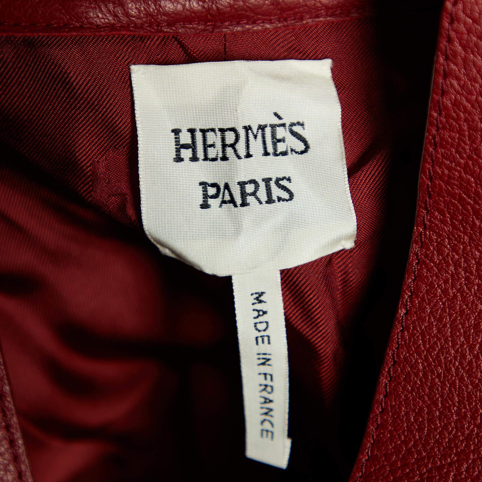 Women's Hermes Burgundy Leather Strap Detail Jacket L