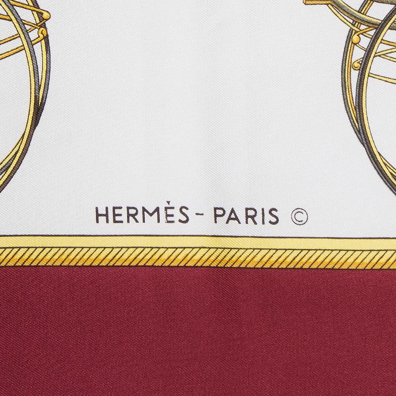 Beige Hermes burgundy LES VOITURES A TRANSFORMATION 90 silk twill Scarf For Sale