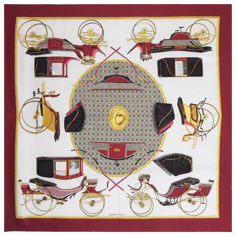 Hermes burgundy LES VOITURES A TRANSFORMATION 90 silk twill Scarf For Sale