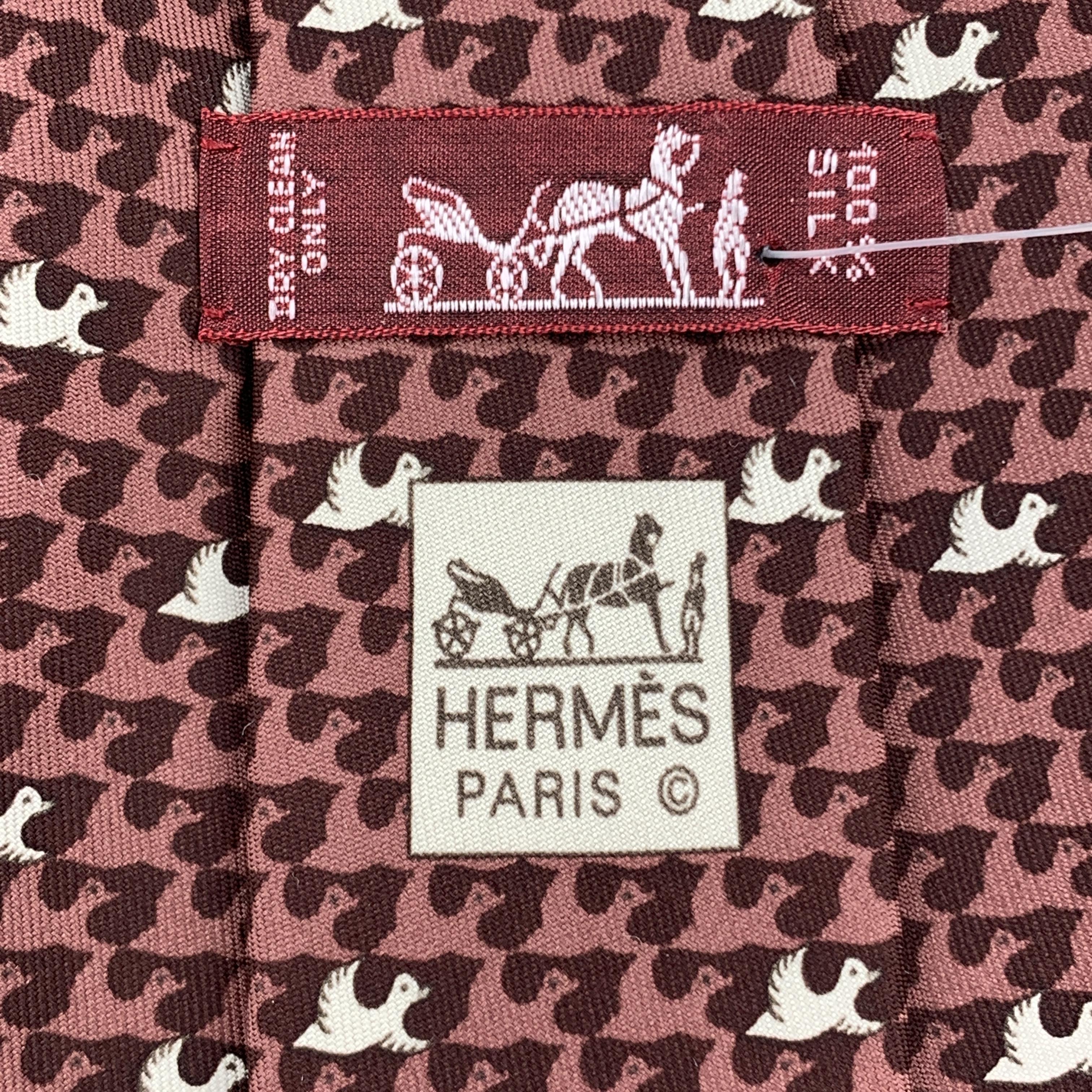 Brown HERMES Burgundy Mauve Dove Bird Print Silk Tie 5385 OA