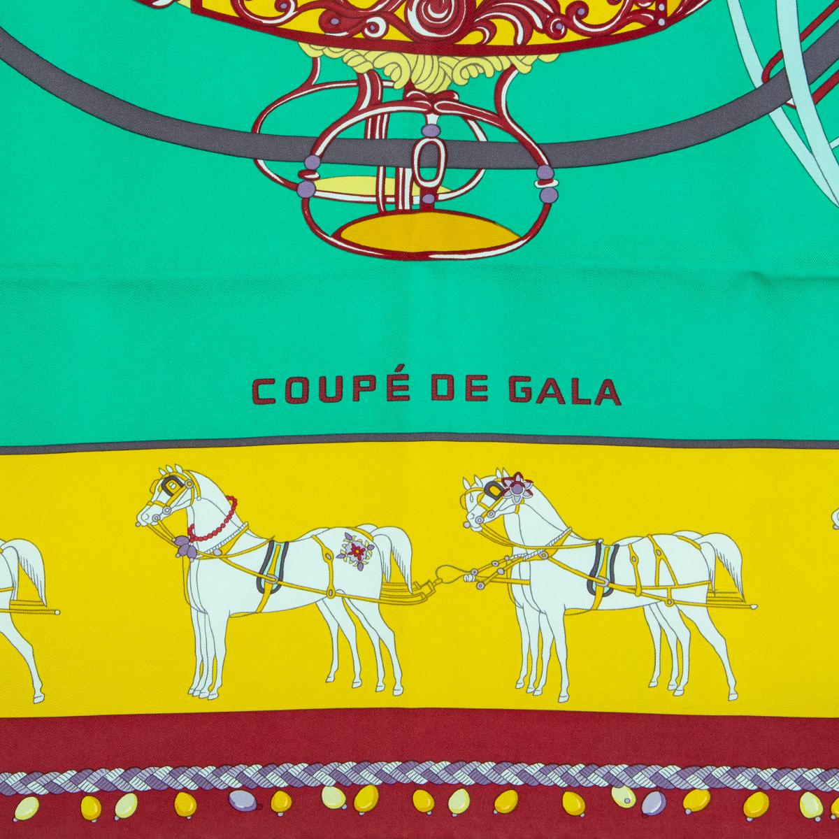 Hermes 'Coupe de Gala 90' scarf in bright mint green wash silk (100%) with burgundy border and contrasting pale blue hem and details in mustard and purple. Brand new with tag.

Width 90cm (35.1in)
Height 90cm (35.1in)